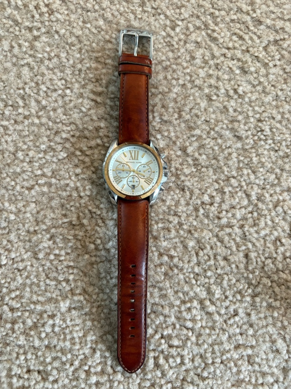 Michael Kors Tan and Silver Leather Strap Chronograph Watch